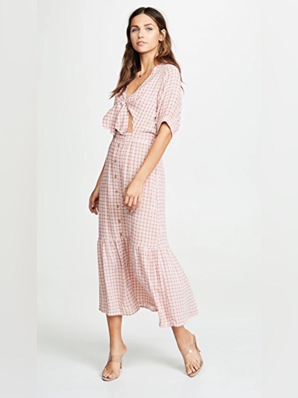 Faithfull the Brand Gingham Check Maple Midi Dress with Tie Front Medium